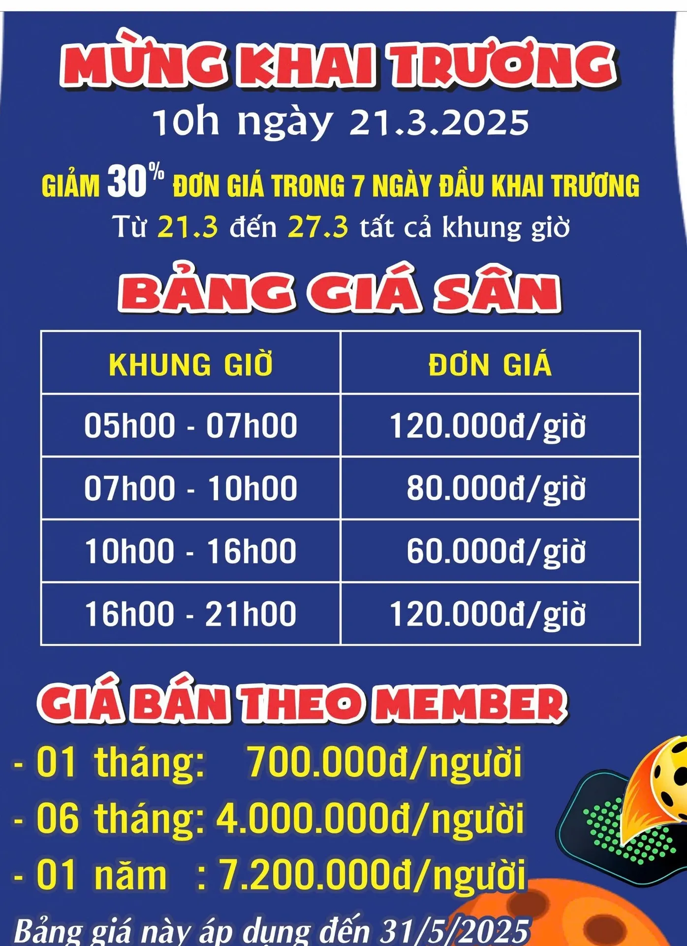 Bảng giá sân Pickleball